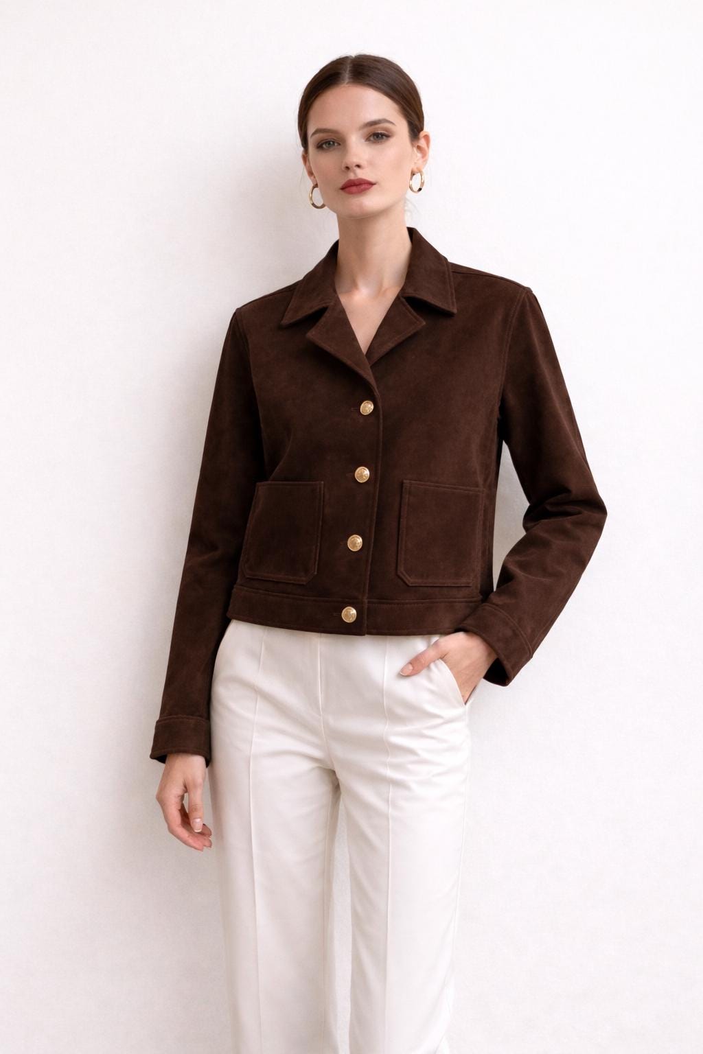 Chocolate Brown Suede Jacket for Women | Classic Button Front Leather Jacket