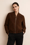 Women's Dark Brown Suede Bomber Jacket: Vintage Casual Leather