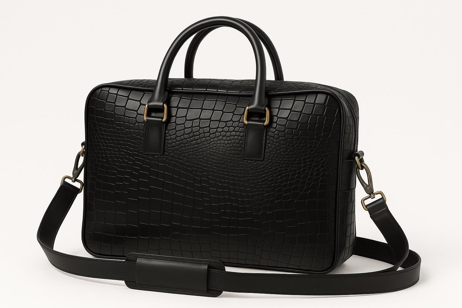 Black Crocodile-Embossed Leather Laptop Bag: Sleek Briefcase