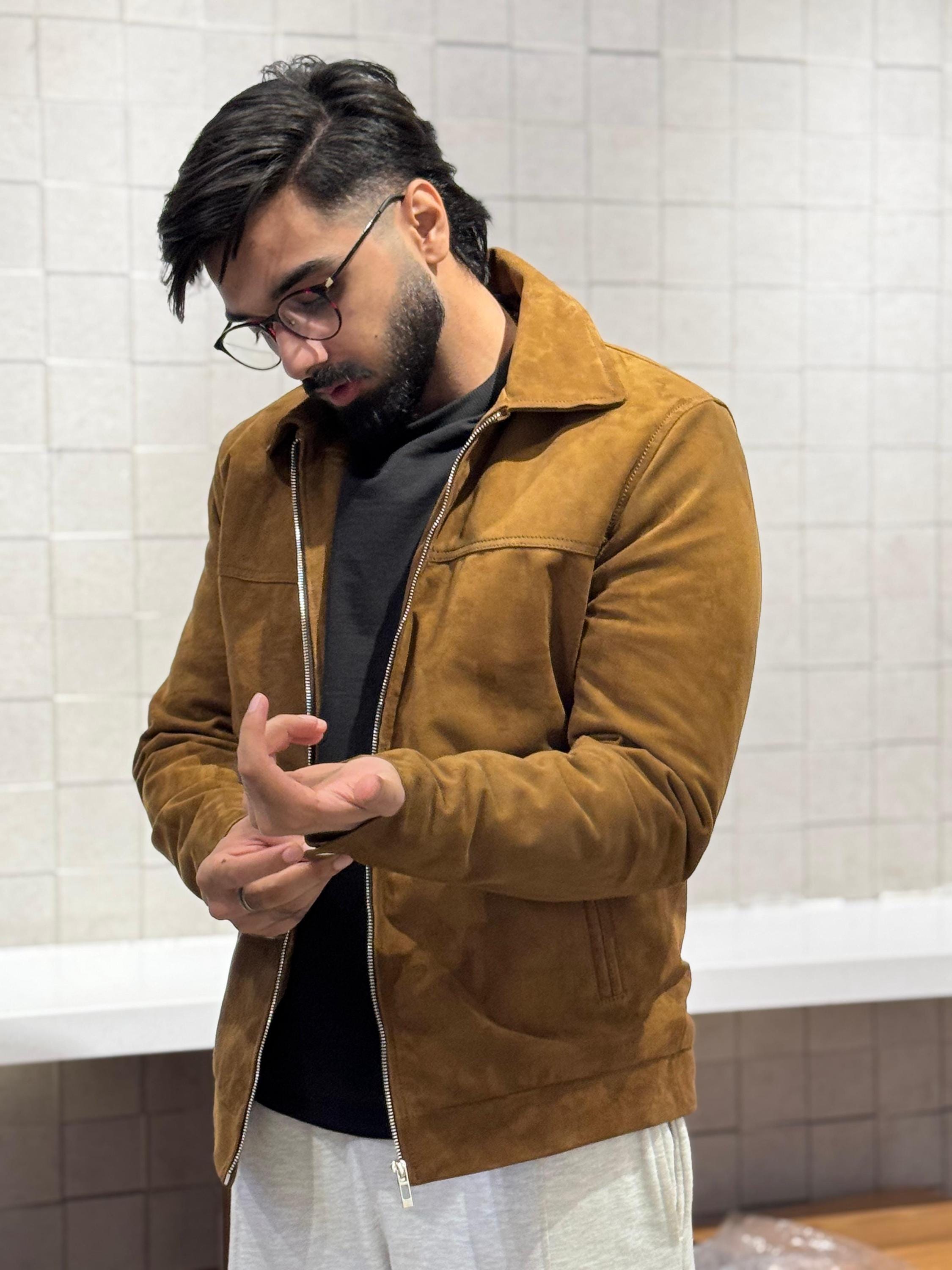 Men’s Brown Suede  Jacket | Classic Bomber Style | Handmade Genuine Suede Outerwear