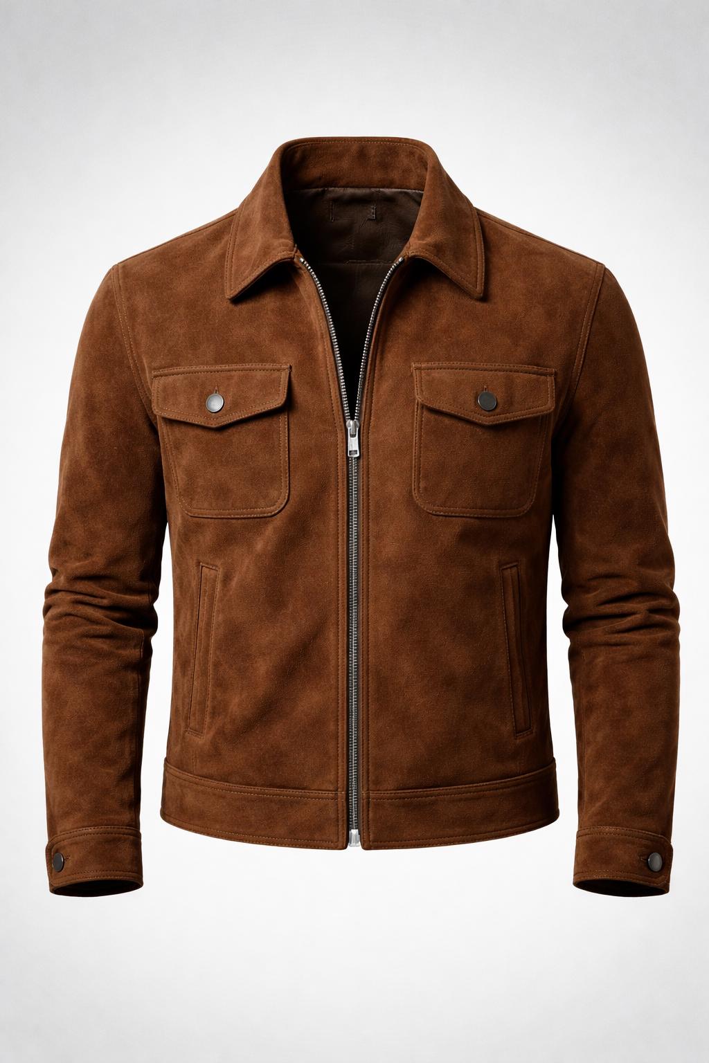 Men's Brown Suede Jacket | Zip-Up Casual Style