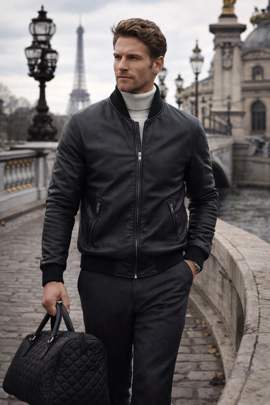 Sleek Unisex Fashion: Zip-Up Leather Bomber Jacket