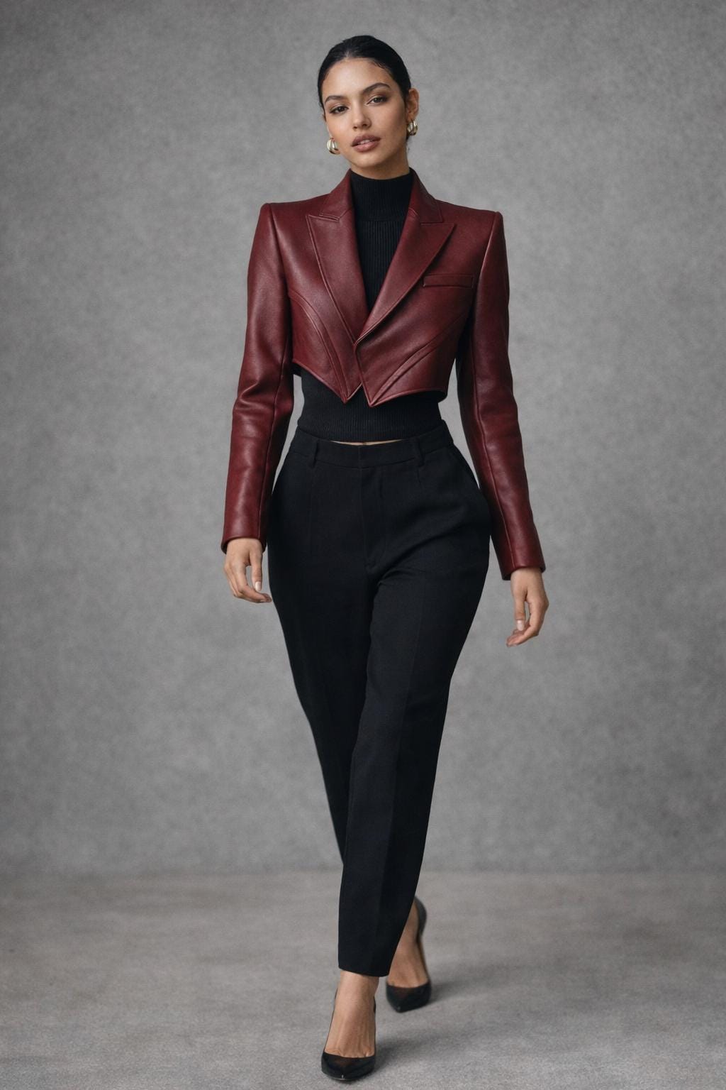 Burgundy Cropped Sheep Leather Blazer Jacket for Women