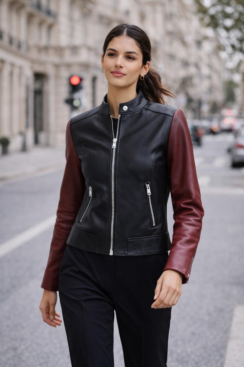 Black & Burgundy Leather Racer Jacket | Women's Slim Fit Biker Coat