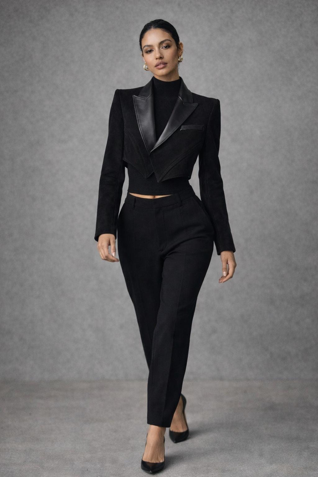 Women’s Black Suede Blazer with Leather Lapels – Tailored Luxury Jacket