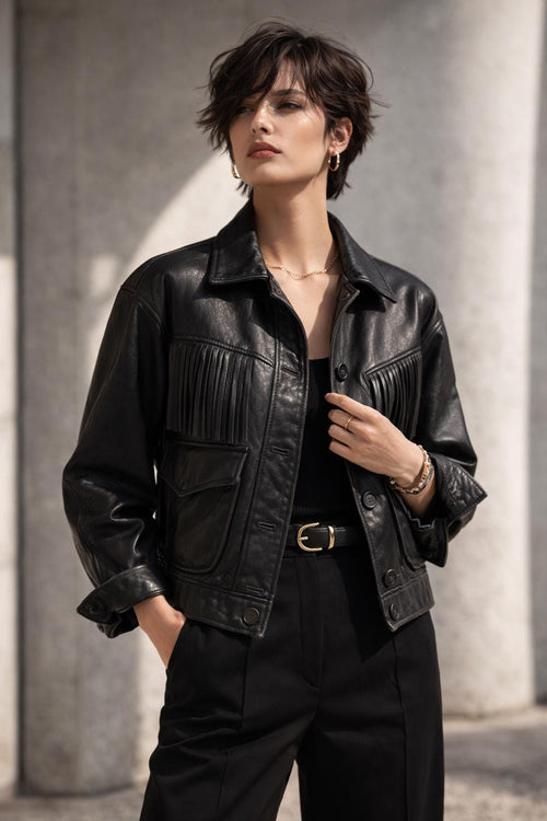 Black Fringe Leather Jacket | Women's Genuine Leather Street Style