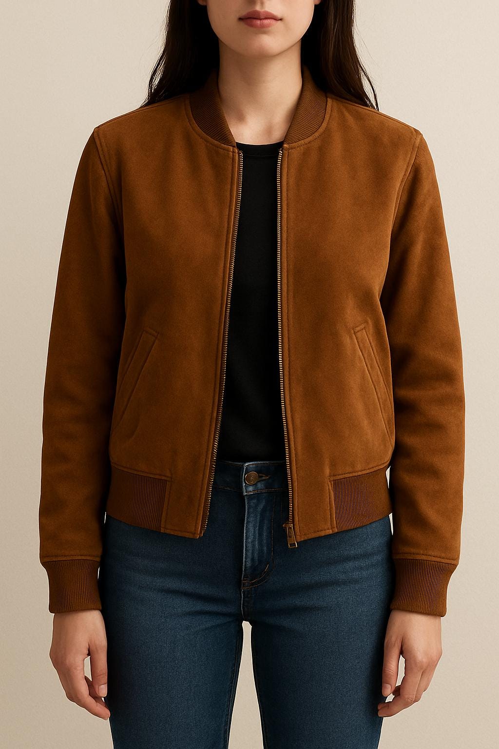 Ladies Camel Brown Suede Bomber Jacket – Classic Chic with Timeless Comfort