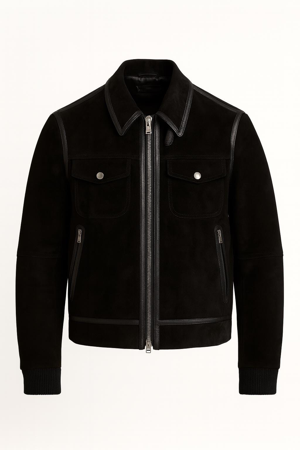 Men’s Black Suede Bomber Jacket, Leather Trim, Handmade Outerwear