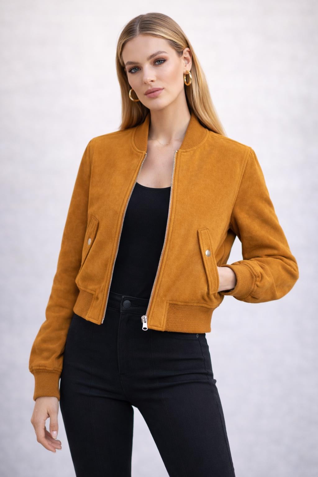 Women’s Mustard Suede Bomber Jacket – Chic Cropped Zip-Up Style