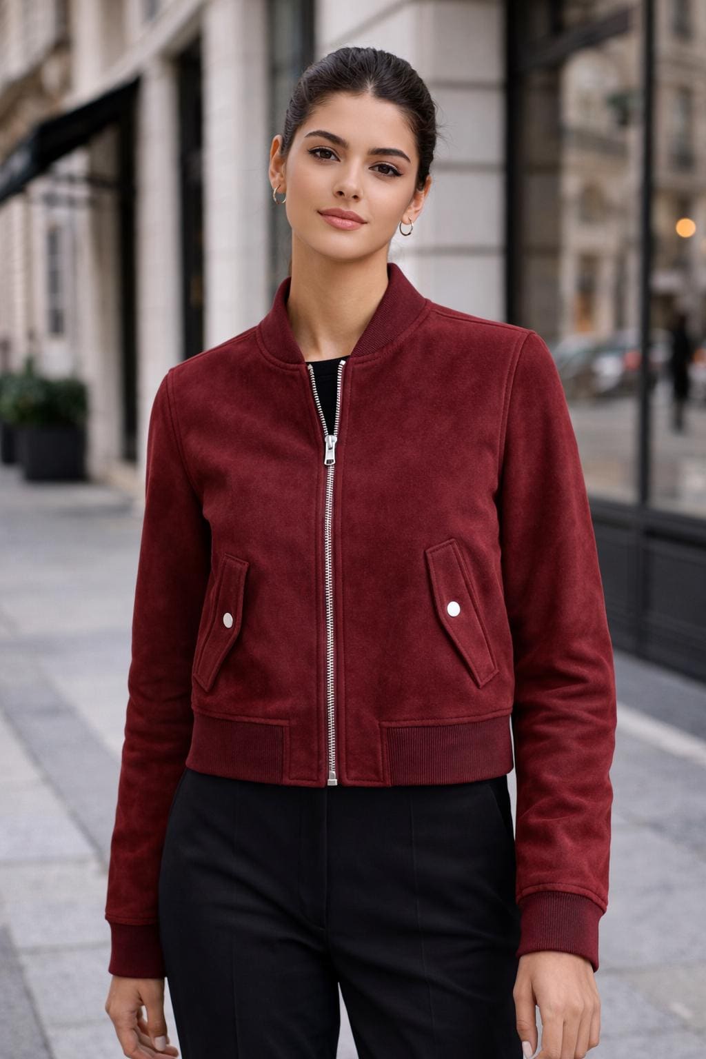 Women’s Burgundy Suede Bomber Jacket – Classic Zip-Up Leather Jacket