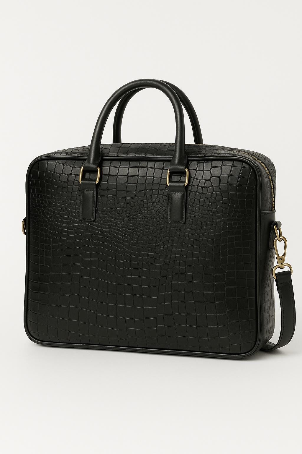 Black Crocodile-Embossed Leather Laptop Bag: Sleek Briefcase