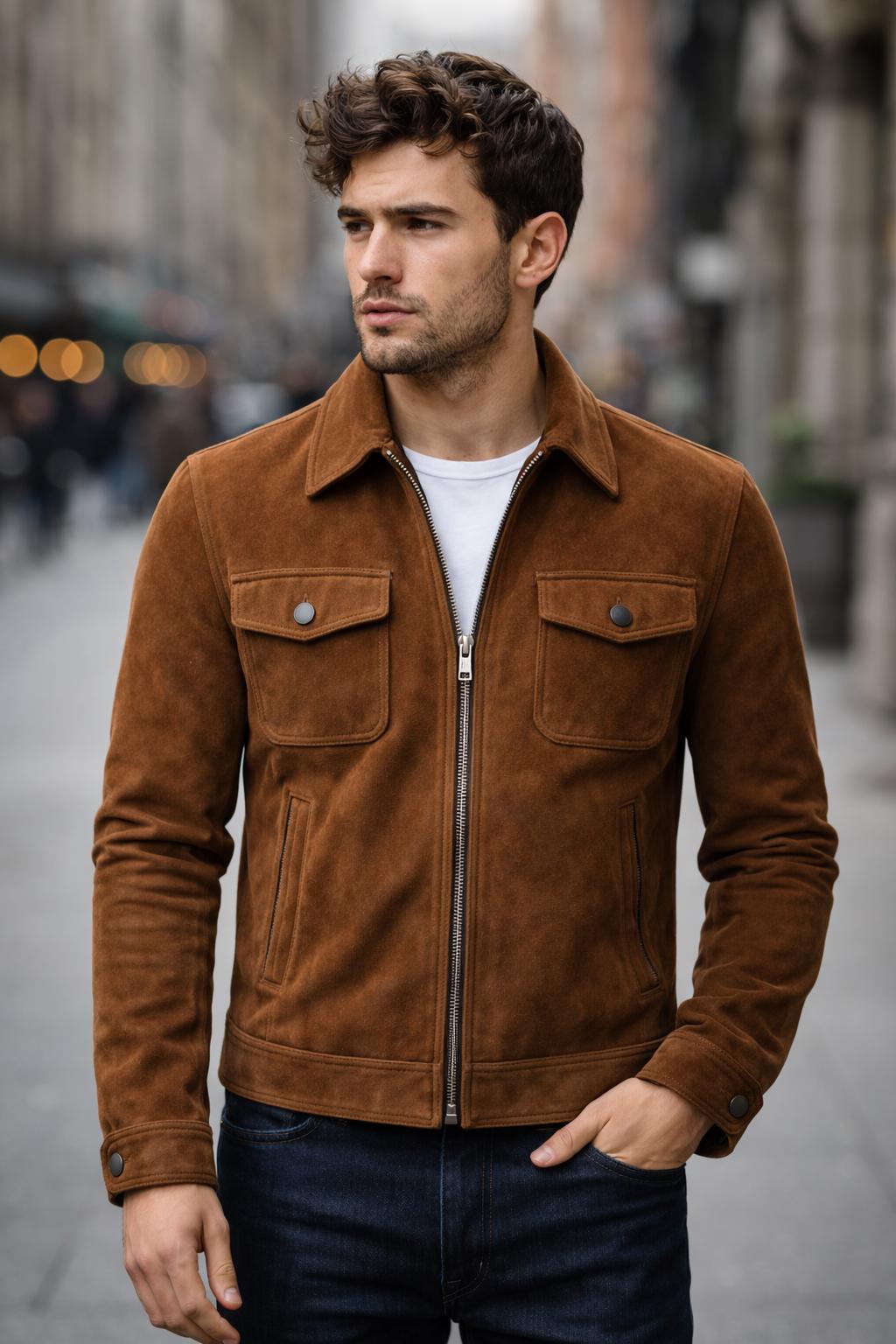 Men's Brown Suede Jacket | Zip-Up Casual Style