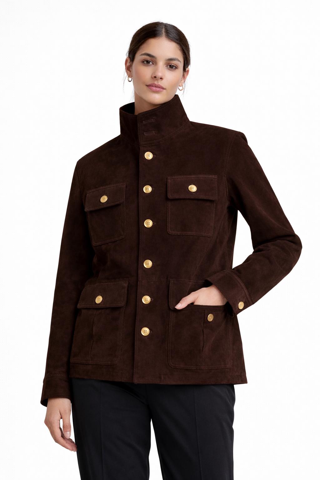 Handmade Dark Brown Suede Field Jacket | Women's Leather Utility Coat