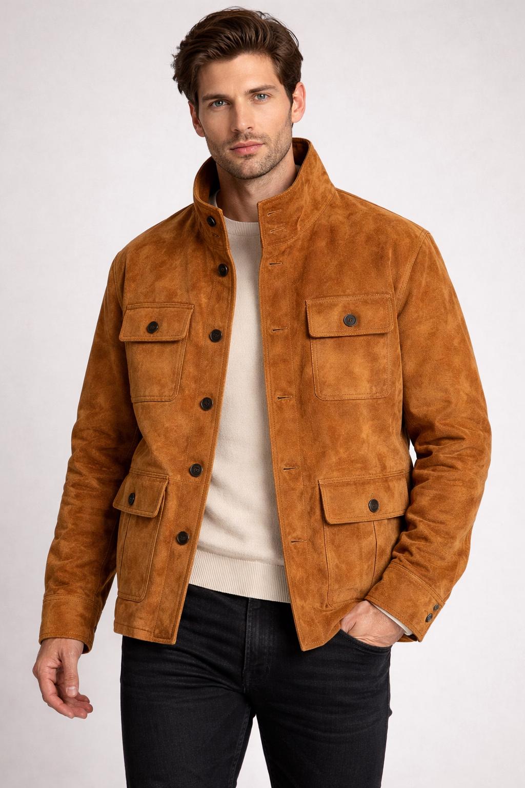 Men Tan Suede Field Jacket with Stand Collar