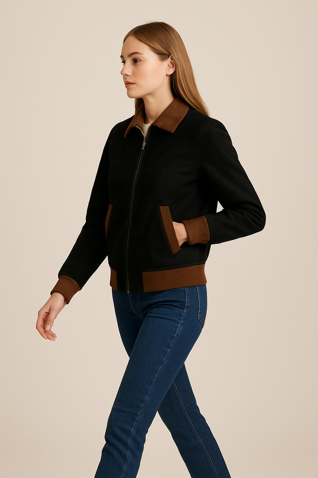Handmade Women's Black Suede Bomber Jacket | Brown Trim