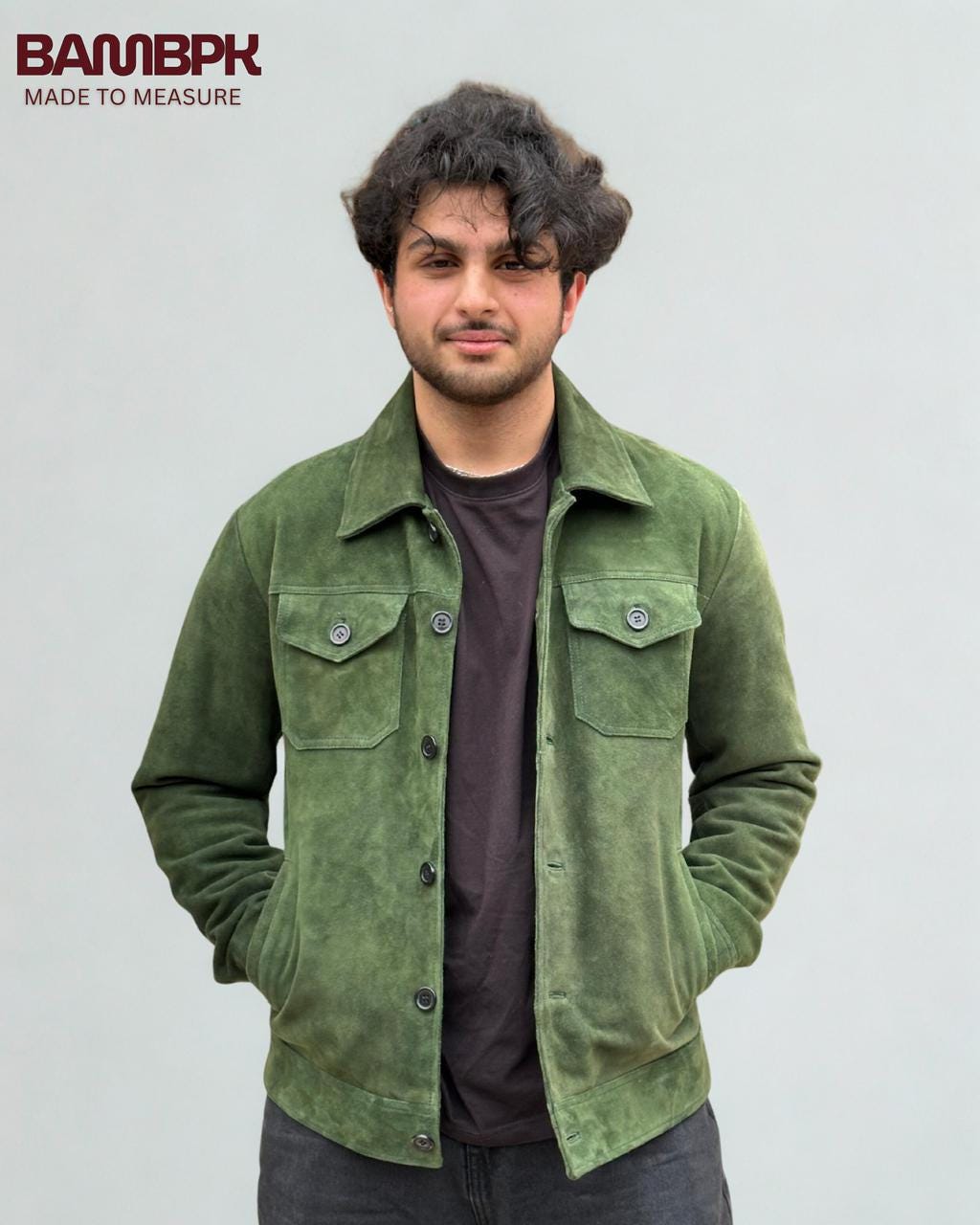 Men's Olive Green Suede Trucker Jacket | Made-to-Measure