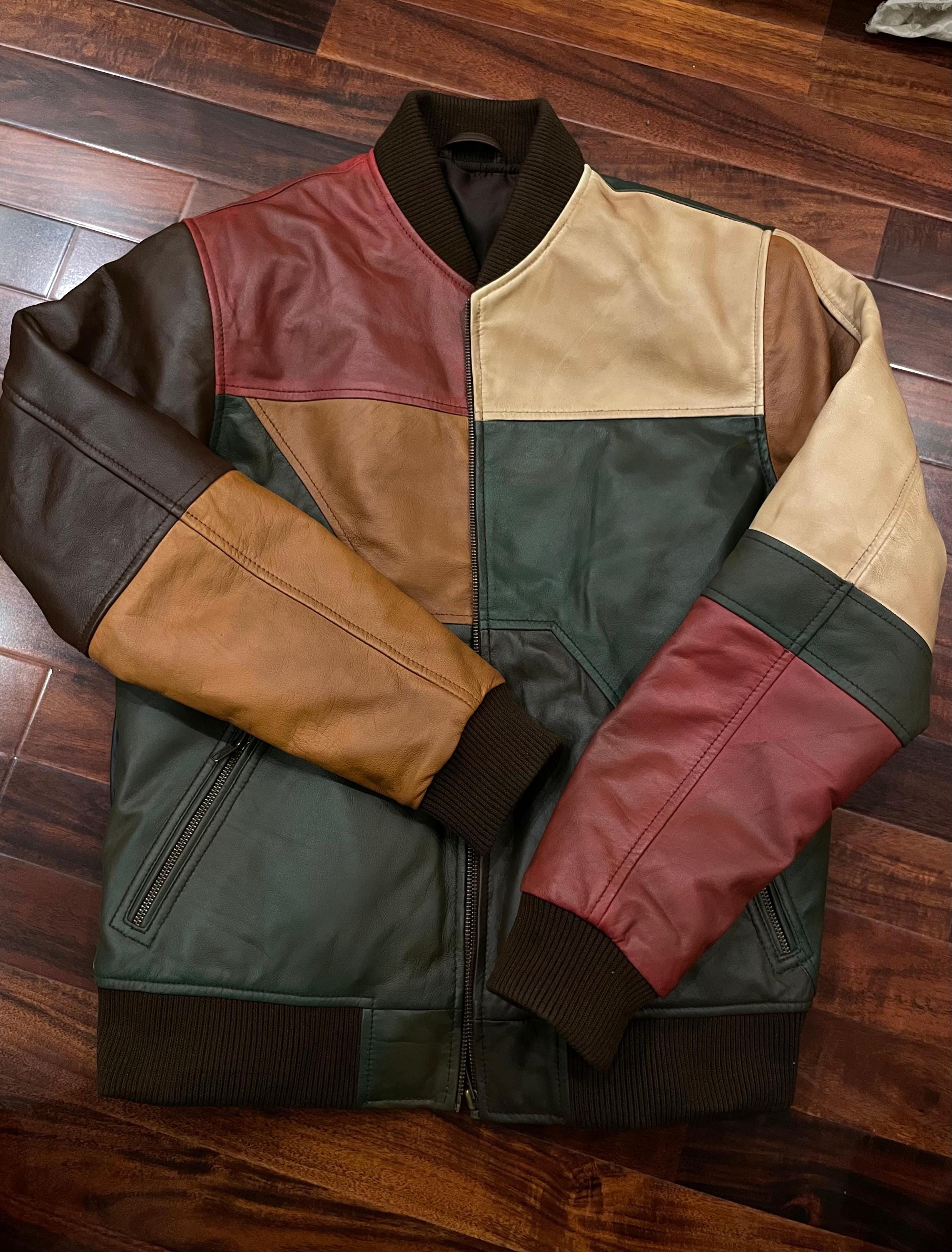 Handmade Patchwork Leather Bomber Jacket: Vintage Style Retro Outerwear