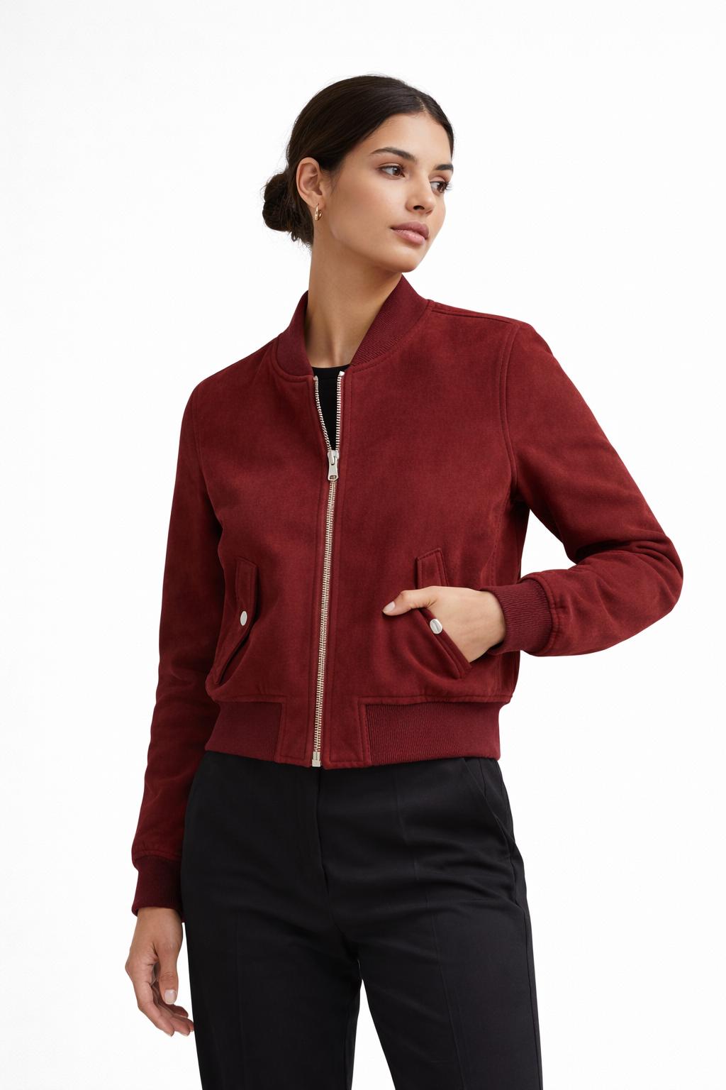 Women’s Burgundy Suede Bomber Jacket – Classic Zip-Up Leather Jacket