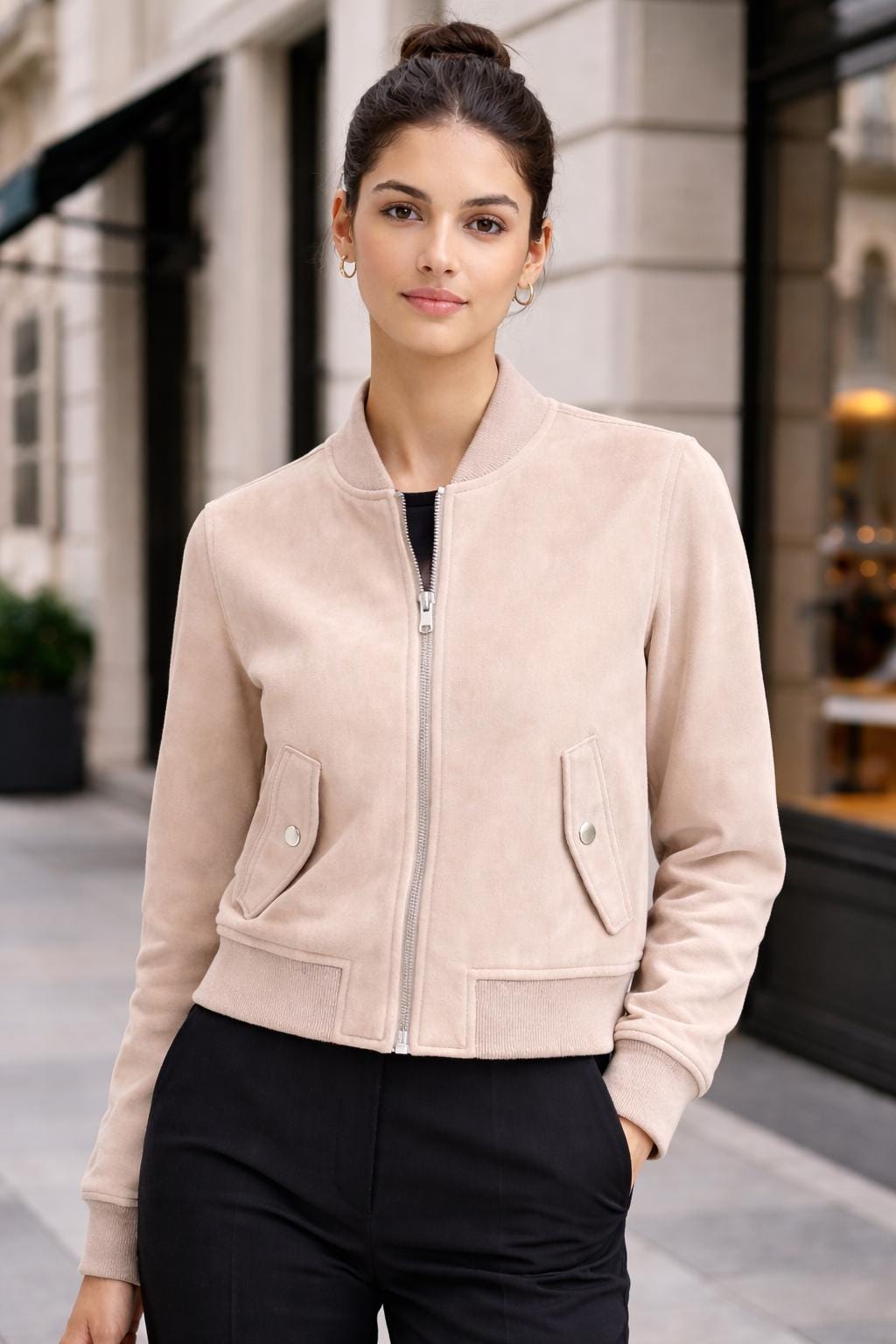 Handmade Women's Suede Bomber Jacket | Minimalist Beige Leather