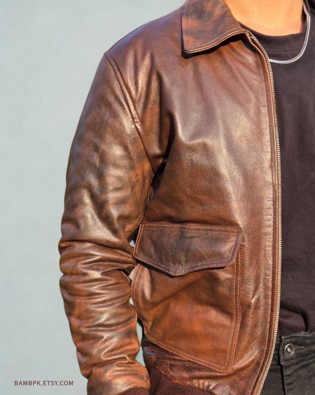 Men's Antique Brown Leather Bomber Jacket: Handmade Vintage Flight Jacket