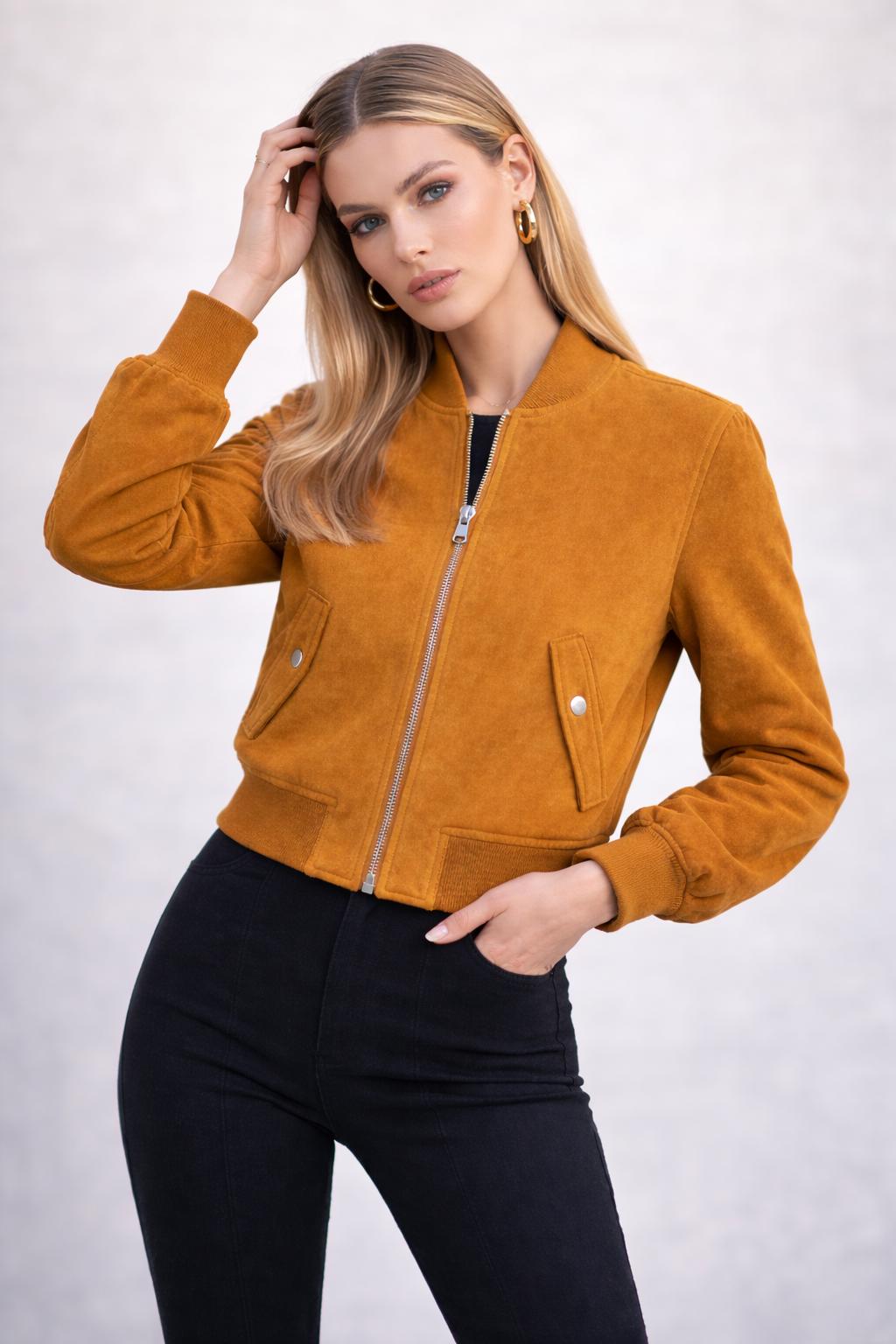Women’s Mustard Suede Bomber Jacket – Chic Cropped Zip-Up Style