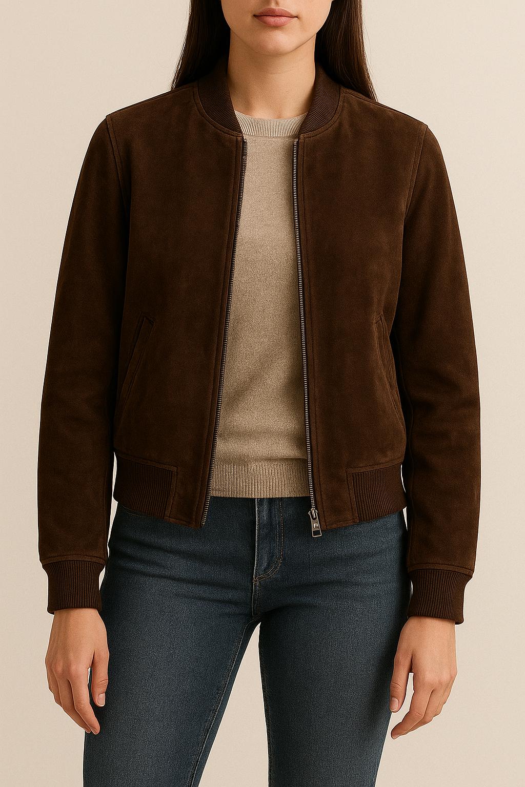 Women's Dark Brown Suede Bomber Jacket: Vintage Casual Leather