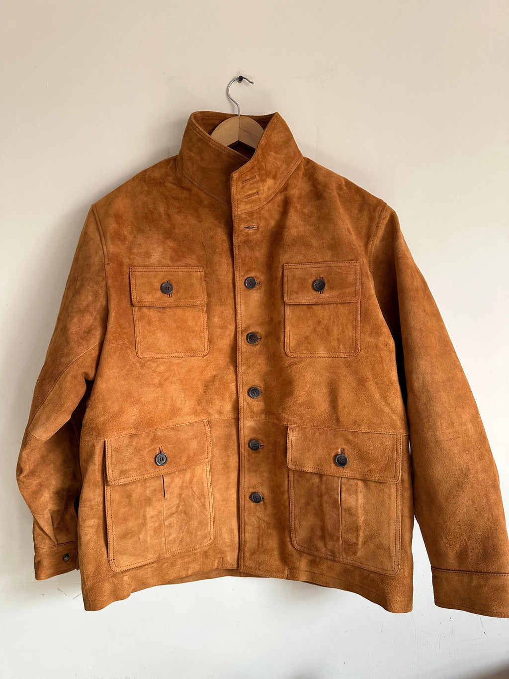 Men Tan Suede Field Jacket with Stand Collar