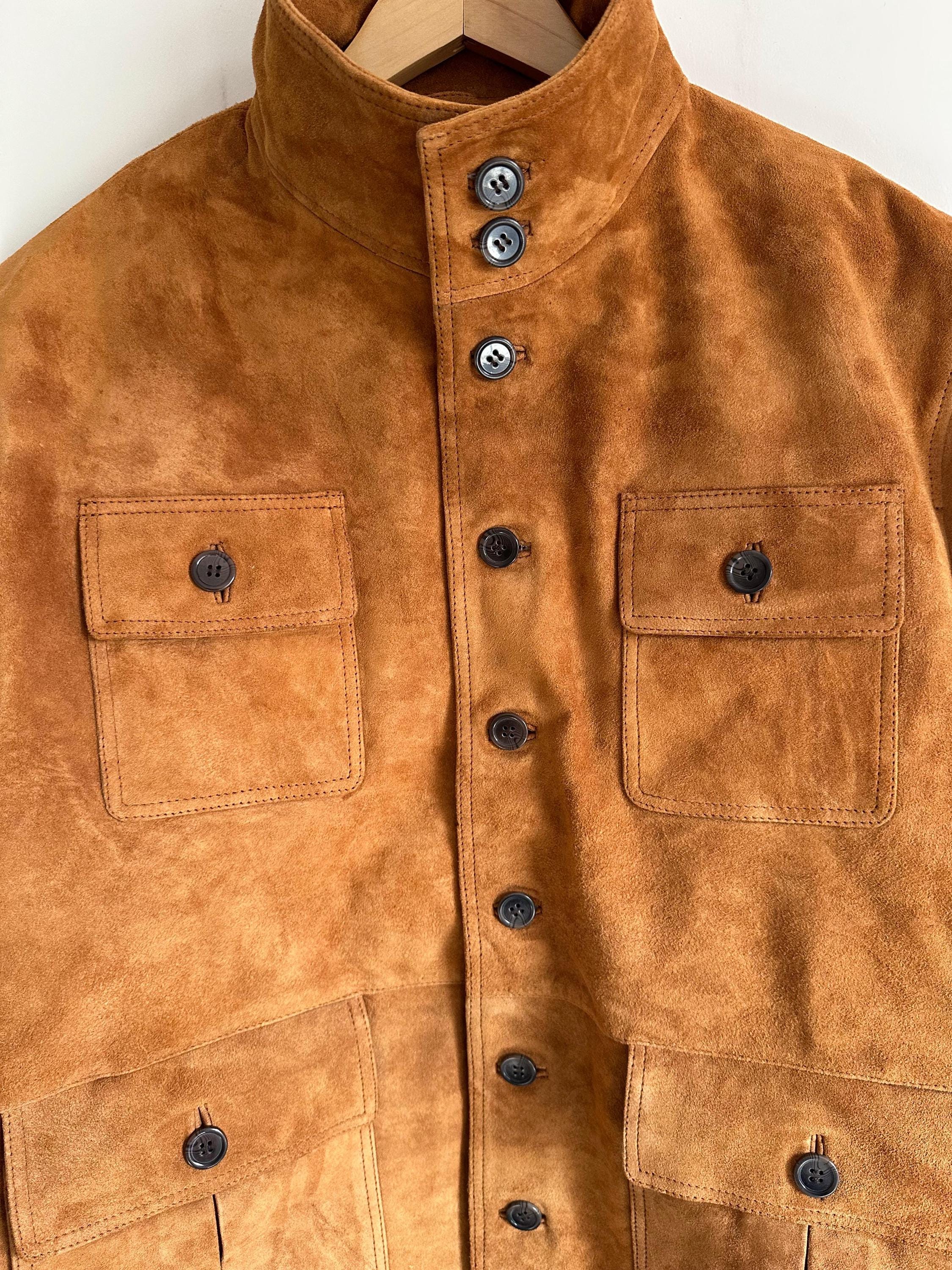 Men Tan Suede Field Jacket with Stand Collar