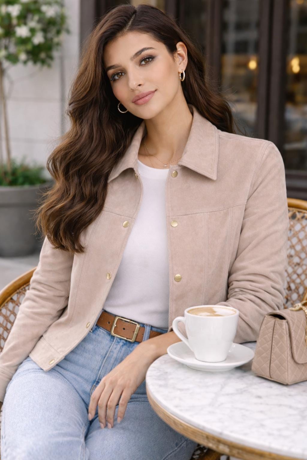 Beige Suede Women’s Jacket – Minimalist Designer Leather Jacket