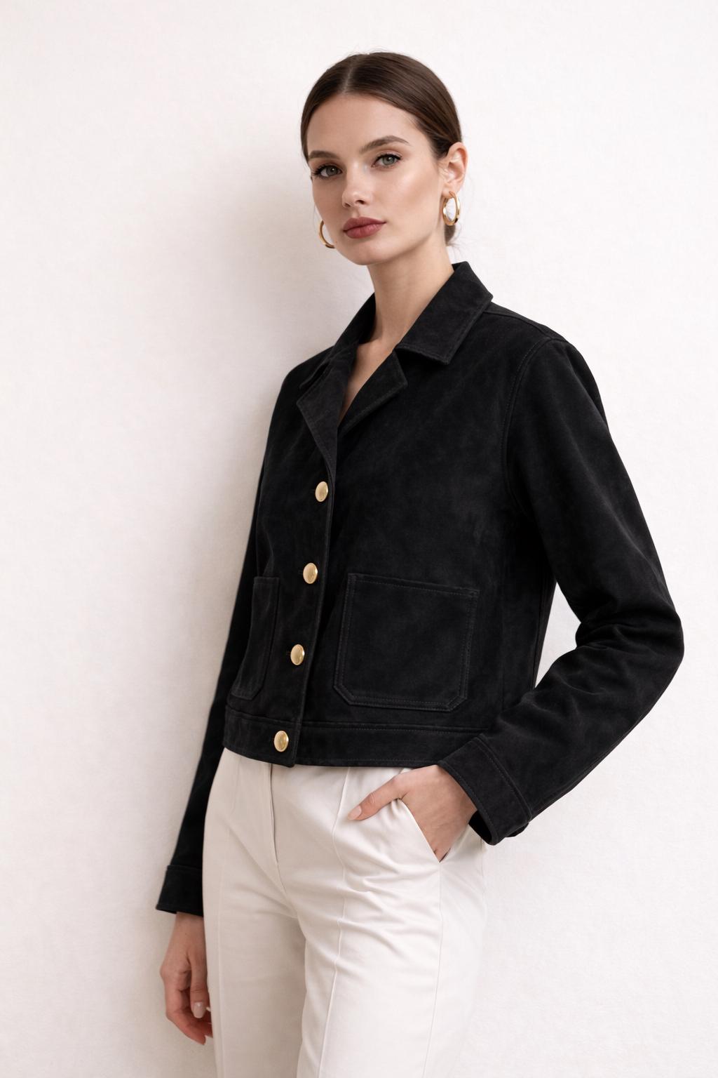 Black Suede Jacket for Women | Gold Button Leather Jacket | Modern Classic