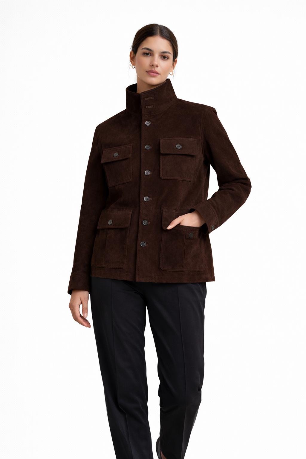 Handmade Dark Brown Suede Field Jacket | Women's Leather Utility Coat