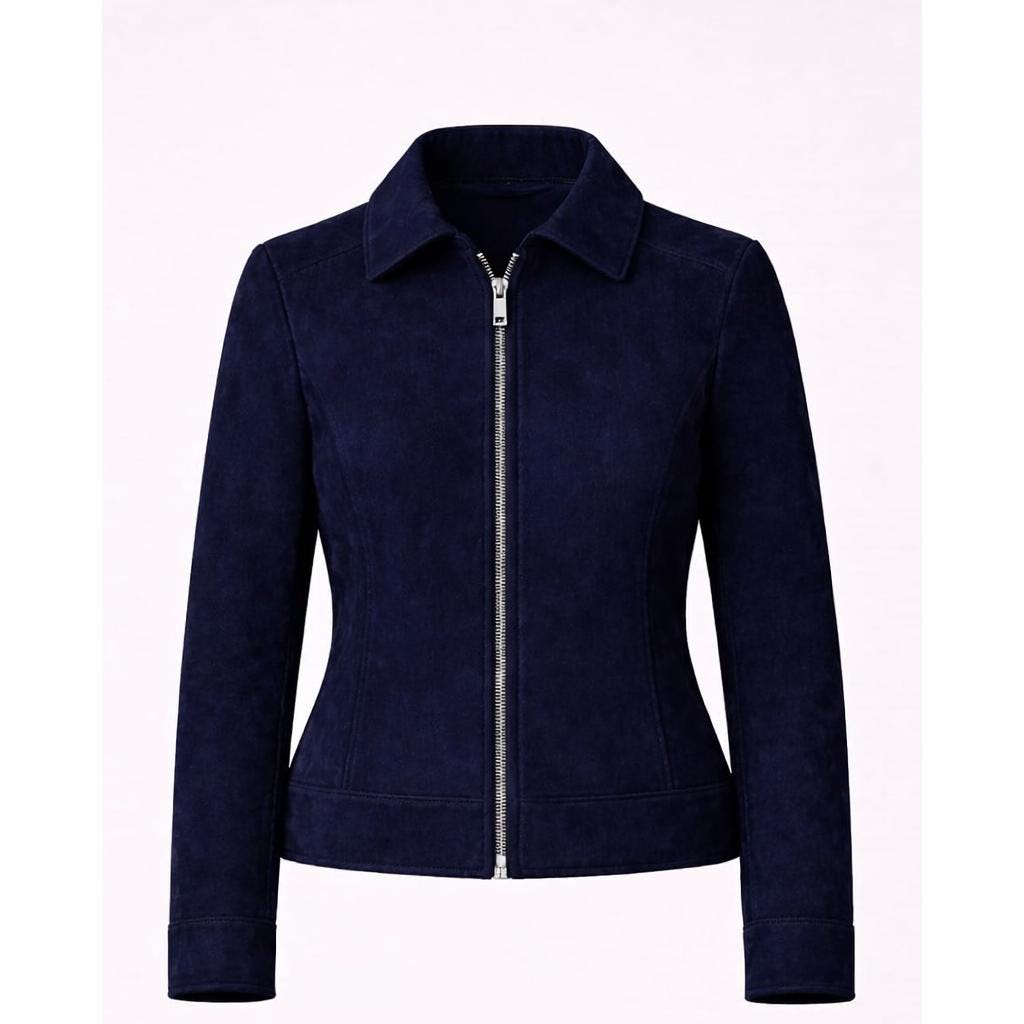 Navy Blue Suede Jacket for Women | Timeless Zip-Up with Stand-Up Collar | Casual Chic Outerwear