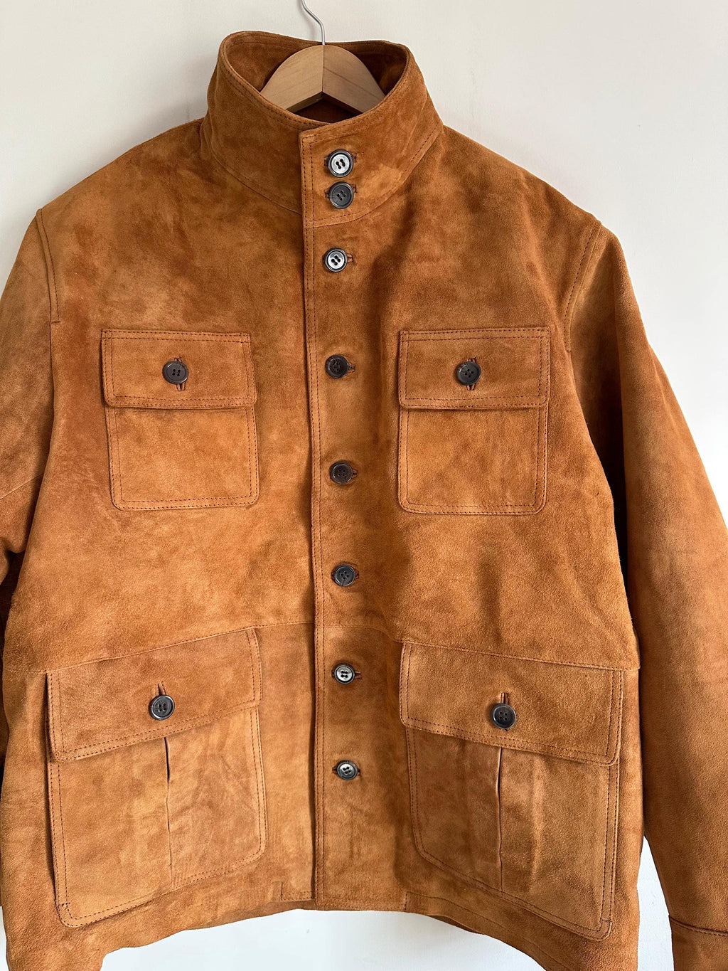Men Tan Suede Field Jacket with Stand Collar