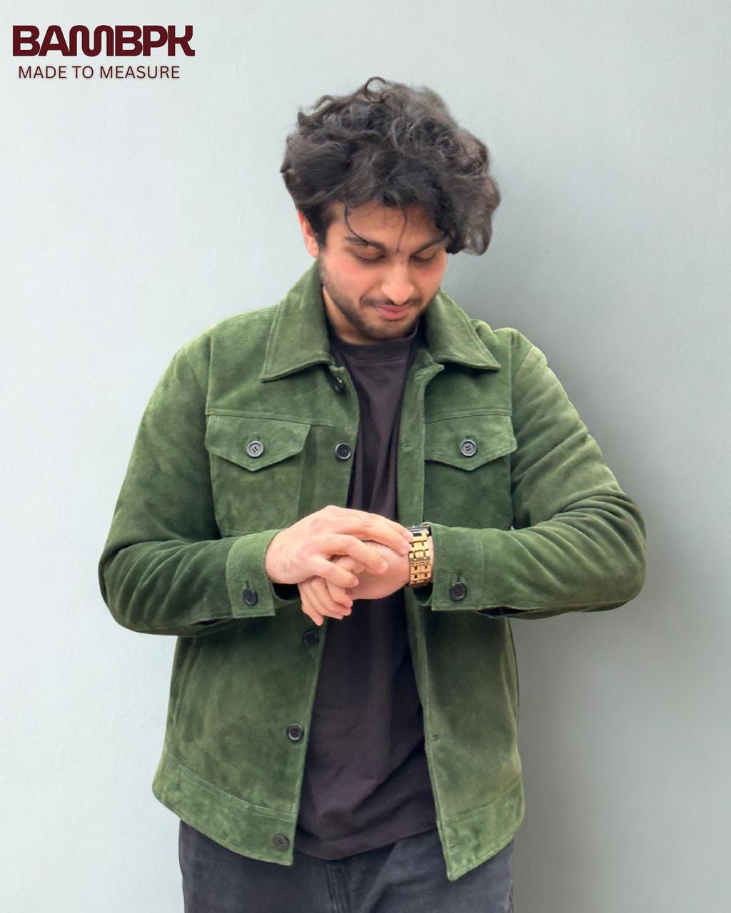 Men's Olive Green Suede Trucker Jacket | Made-to-Measure