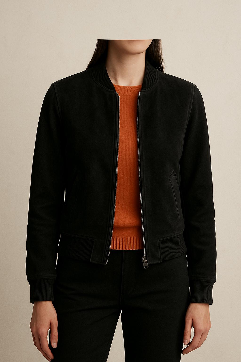 Women's Black Nubuck Bomber Jacket – Elegant Everyday Outerwear