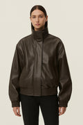 Women’s Brown Leather Bomber Jacket – High Collar Vintage Style