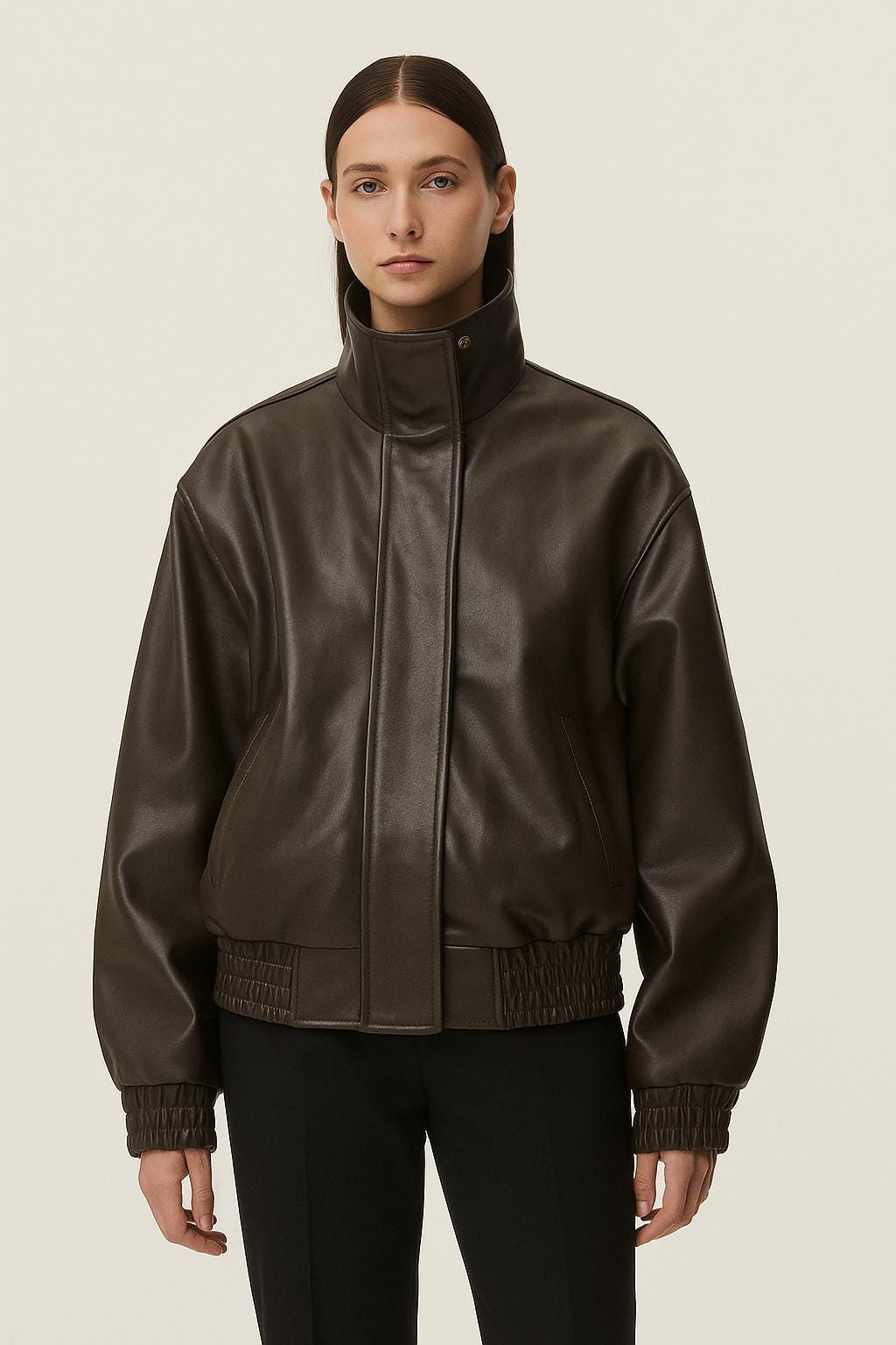 Women’s Brown Leather Bomber Jacket – High Collar Vintage Style