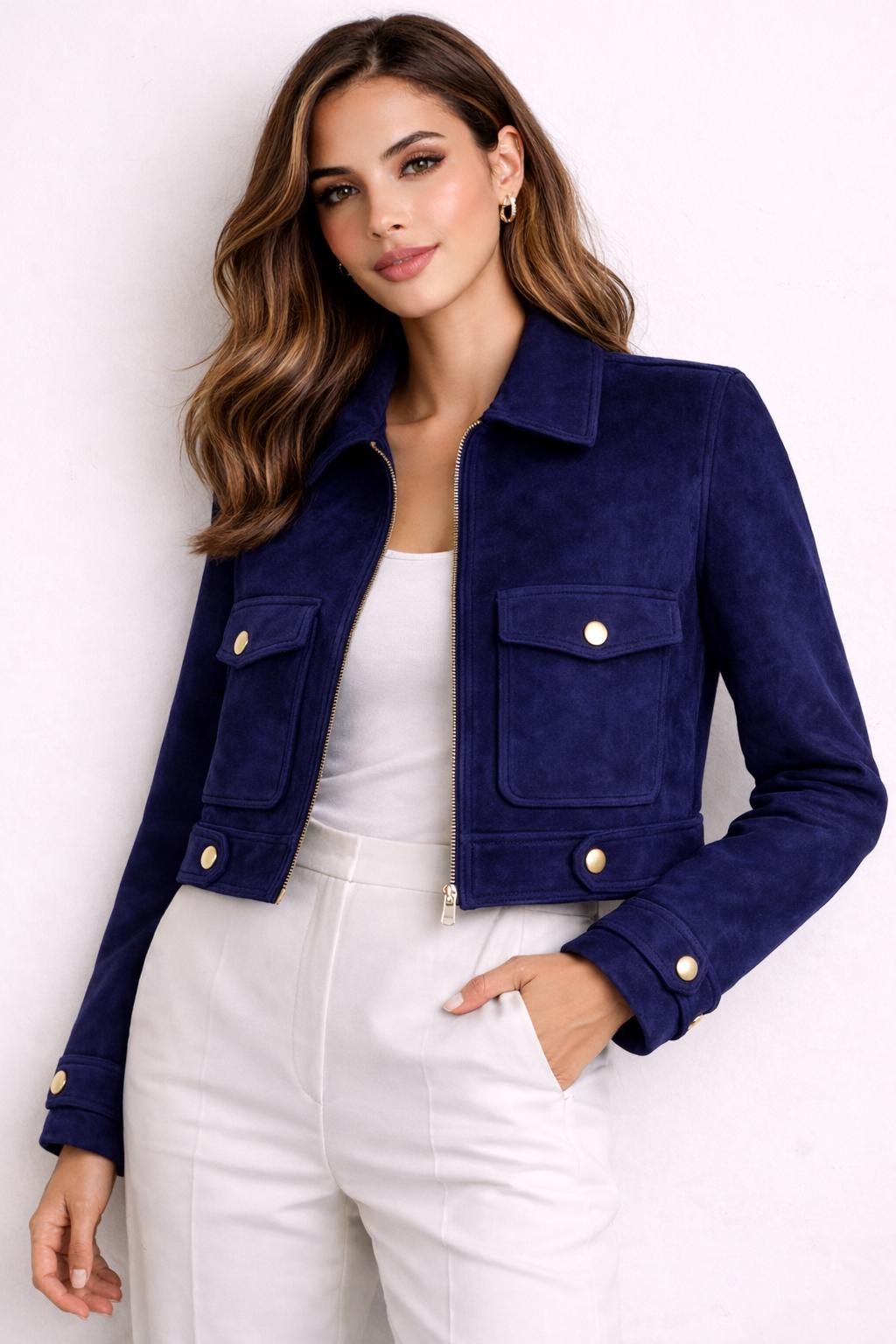 Midnight Blue Suede Cropped Jacket – Women's Designer Leather Coat