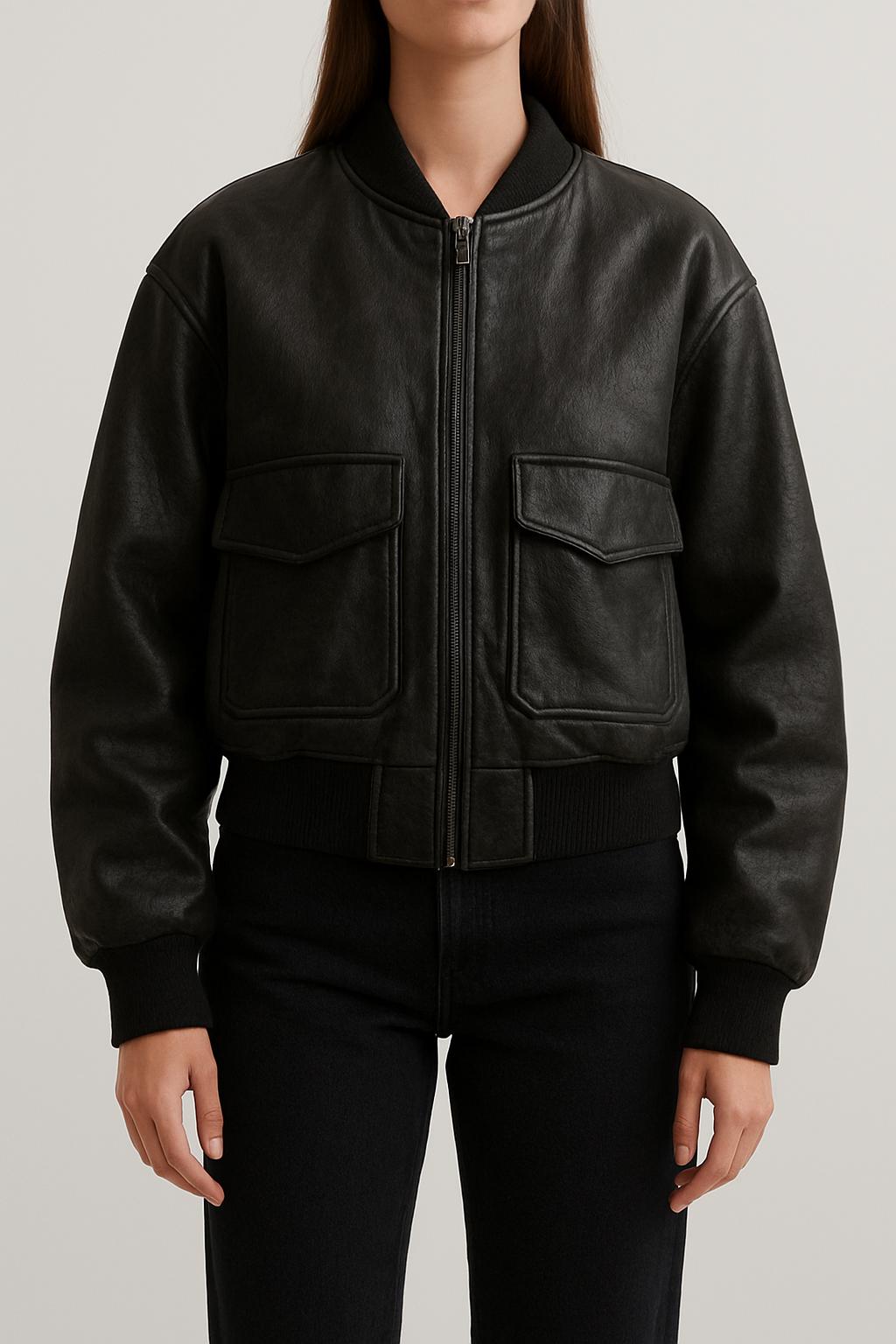 Black Baggy Women’s Leather Bomber Jacket