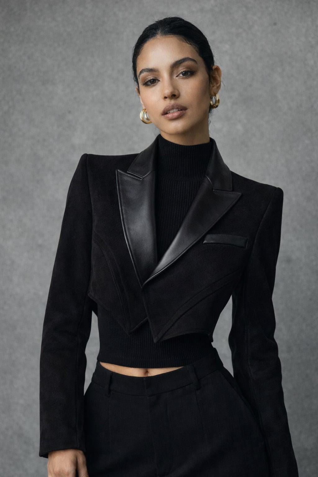 Women’s Black Suede Blazer with Leather Lapels – Tailored Luxury Jacket