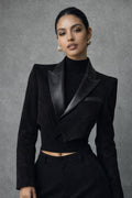 Women’s Black Suede Blazer with Leather Lapels – Tailored Luxury Jacket