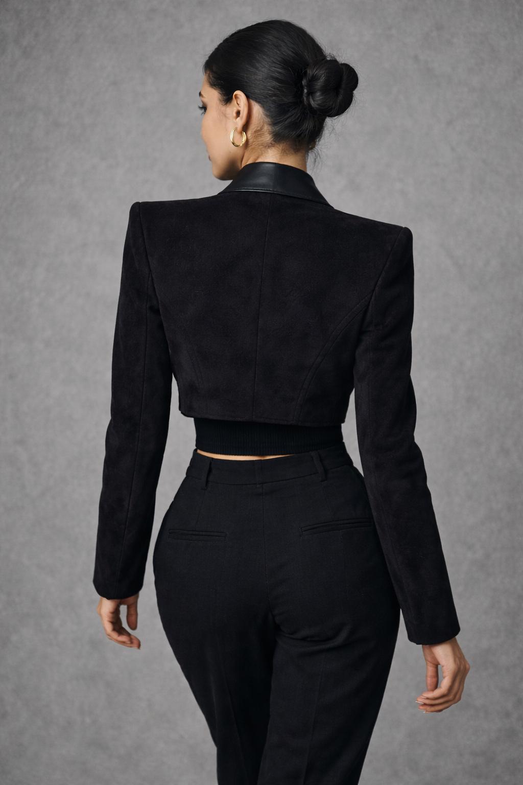 Women’s Black Suede Blazer with Leather Lapels – Tailored Luxury Jacket