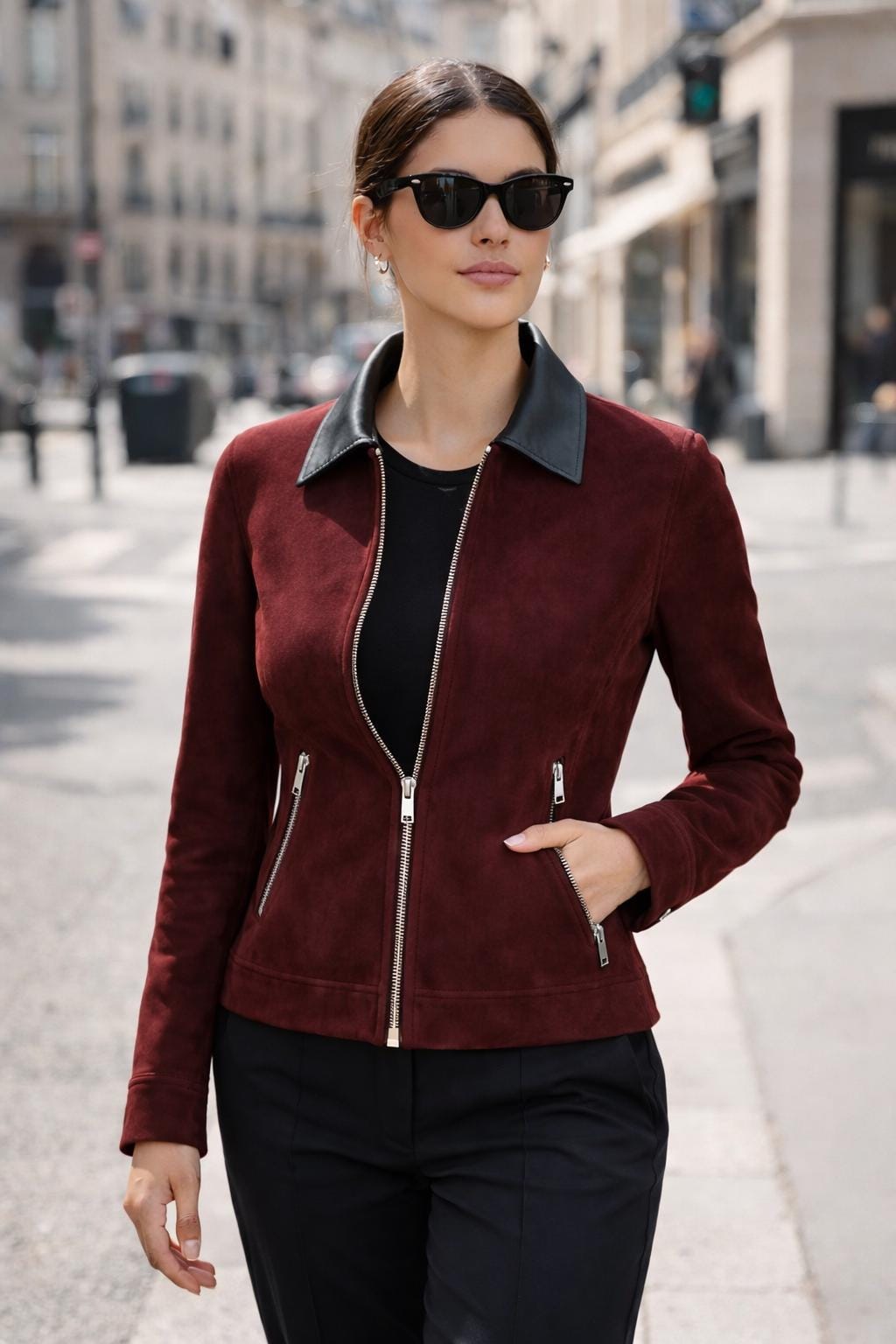 Burgundy Suede Racer Jacket | Fitted Women's Leather Jacket