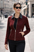 Burgundy Suede Racer Jacket | Fitted Women's Leather Jacket