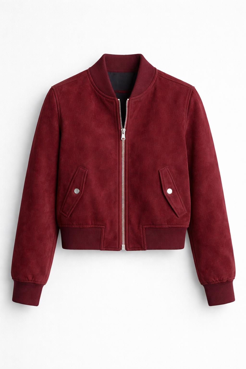 Women’s Burgundy Suede Bomber Jacket – Classic Zip-Up Leather Jacket