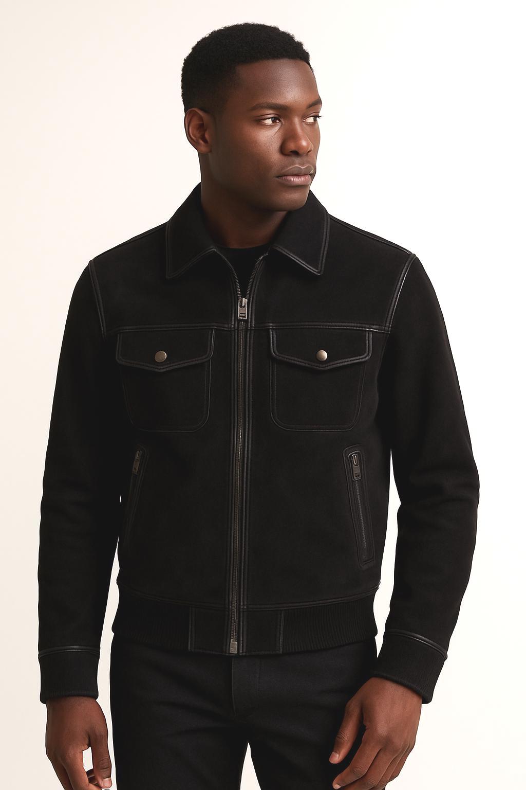 Men’s Black Suede Bomber Jacket, Leather Trim, Handmade Outerwear