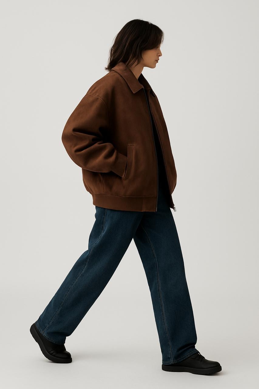 Women’s Oversized  Bomber Jacket – Brown Quilted Lining, Streetwear classic Style, Vintage Suede Look