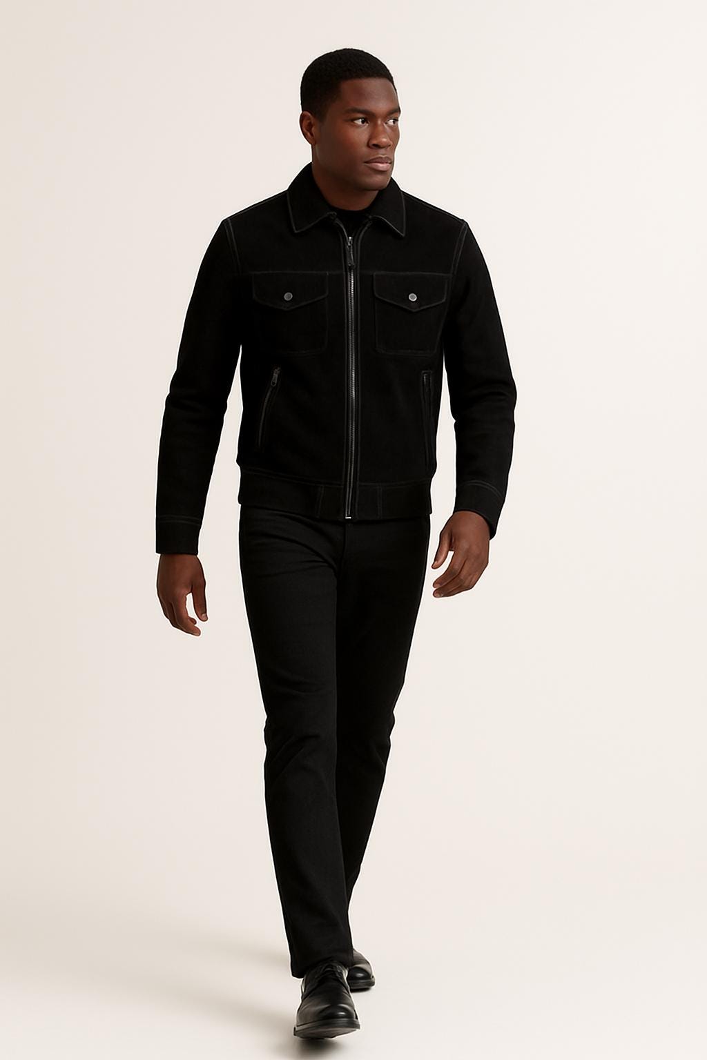Men’s Black Suede Bomber Jacket, Leather Trim, Handmade Outerwear