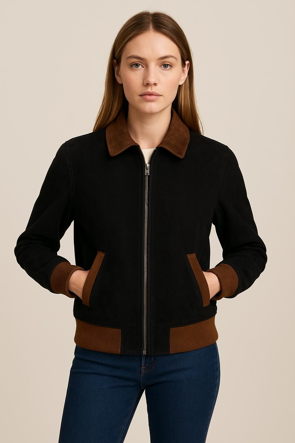 Handmade Women's Black Suede Bomber Jacket | Brown Trim