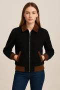 Handmade Women's Black Suede Bomber Jacket | Brown Trim